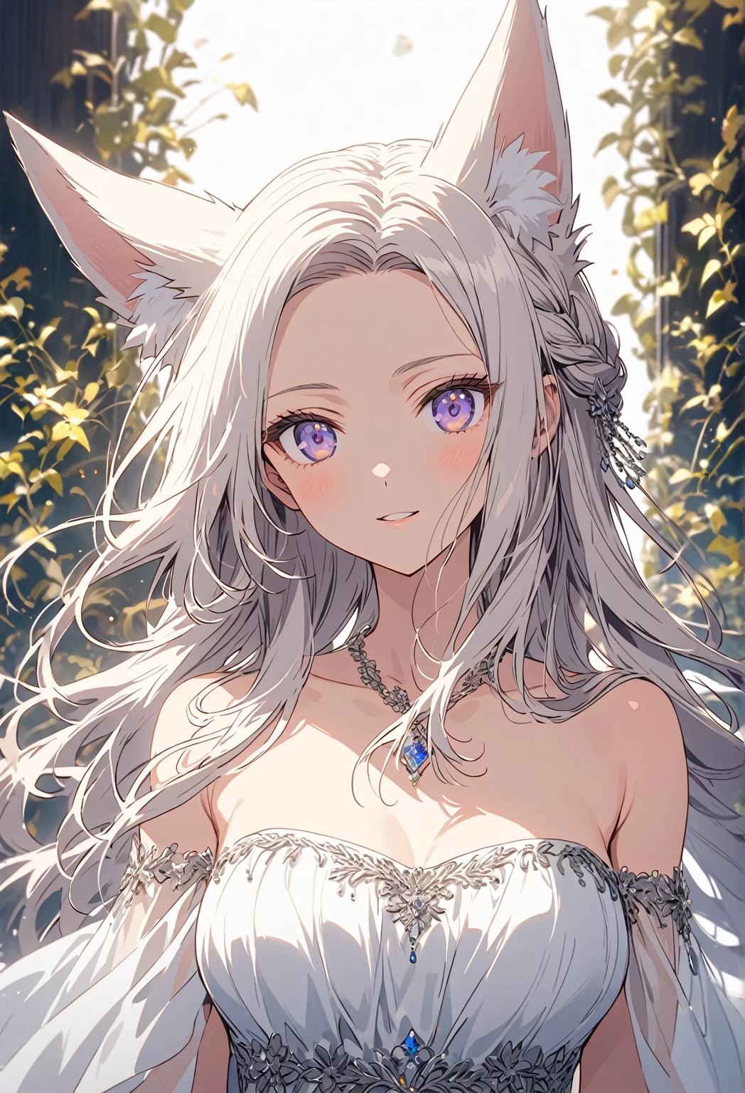 ((Portrait)) ((POV: Close)) ((Motherly expression)) (Elegant expression) ((Alone)) Create an anime-style image of Aiko, an elegant fox girl with a graceful aura. She has long, white hair styled in a braid, soft, fluffy fox ears, and light purple eyes that radiate warmth and kindness. Her expression is gentle and slightly mischievous, conveying both confidence and a caring nature. Aiko wears a flowing, white chiffon dress that is slightly sheer, with long, off-shoulder bell sleeves. The dress has a layered, asymmetrical skirt that drapes softly around her, enhancing her ethereal look. The dress is paired with a delicate, corset-style waist in silver silk with subtle floral or celestial engravings, accentuating her mature, elegant silhouette. A soft, translucent capelet in light gray gently drapes around her shoulders, trailing behind her like wisps of cloud. She wears a silver pendant with a small star, resting at her collarbone, and a slender, crystal-studded vine woven into her braid, adding a touch of sparkle to her look, emphasizing her nurturing elegance and mature aura. Highlight her graceful figure, big breasts, and mature demeanor, reflecting a caring, protective nature alongside a hint of playful mischief. The background is a misty, ethereal garden, softened with dark, muted tones. The celestial, heavenly environment is now shadowed and dreamlike, with a dim, diffuse light casting delicate shadows around her. A depth-of-field effect keeps Aiko sharply in focus, while the rest of the scenery blurs into a haunting, moody backdrop, enhancing her soft yet striking presence. 