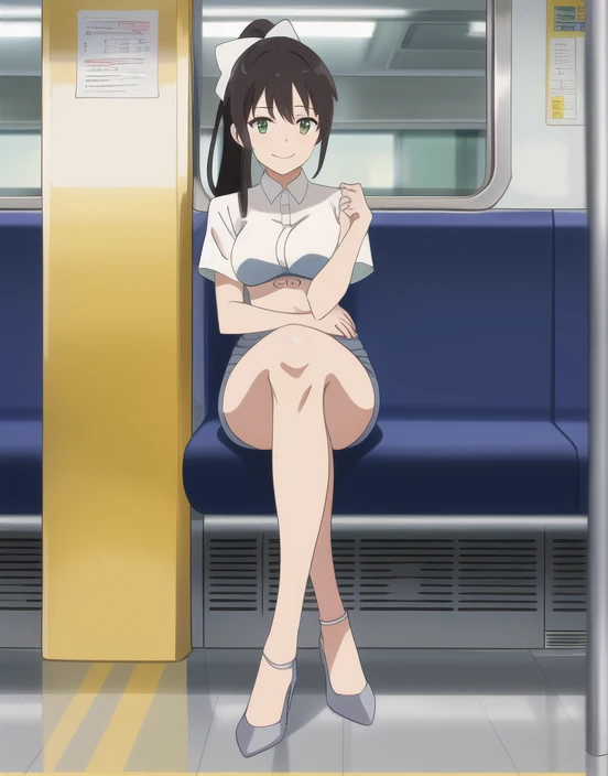  cowboy shot,  1 girl, Alone, Official Anime Style、(Your Name) very long hair ,  white ribbon,  hair bow,  ponytail, green eyes, Short sleeve white shirt,  see-through embroidery bra、 Ultra Miniskirt That Highlights Long Legs,   office suit 、 pencil skirt 、 Ultra Miniskirt That Highlights Long Legs、 High Heels 、 sit on a train chair、Embroidered Panties、smile,  Details, Illustration,whole body