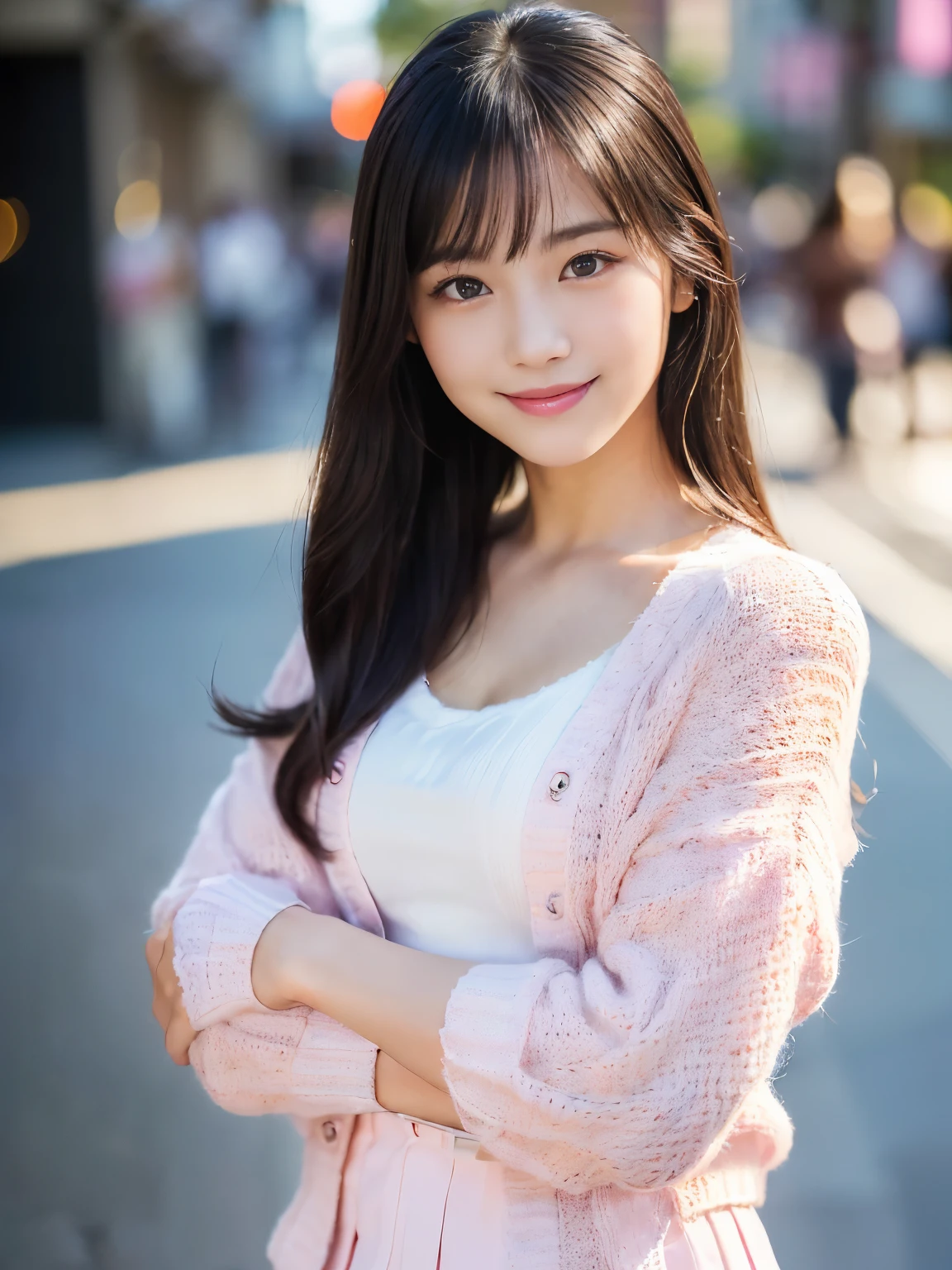 (Highest quality,4K,8K,High resolution,Tabletop:1.2),Very detailed,(Realistic,photoRealistic,photo-Realistic:1.37),Japanese animation,Soft colors,Great lighting,A girl with an innocent look,City street corner,Spring clothing details,My cheeks got red from the cold,fun,Light of the sun,peaceful and calming atmosphere,Clear blue sky,Lively, expressive eyes,Blushing,Laughter of joy,Fresh spring air,Off-the-shoulder sweatshirt top,Cleavage, Slender figure, ((Large Bust:1.4)),Delicate and graceful movements,Innocence and purity,Leaning forward, Childlike wonder and delight,Vivid animated scenes,Soft and comfortable clothing texture,Smiling and happy faces,