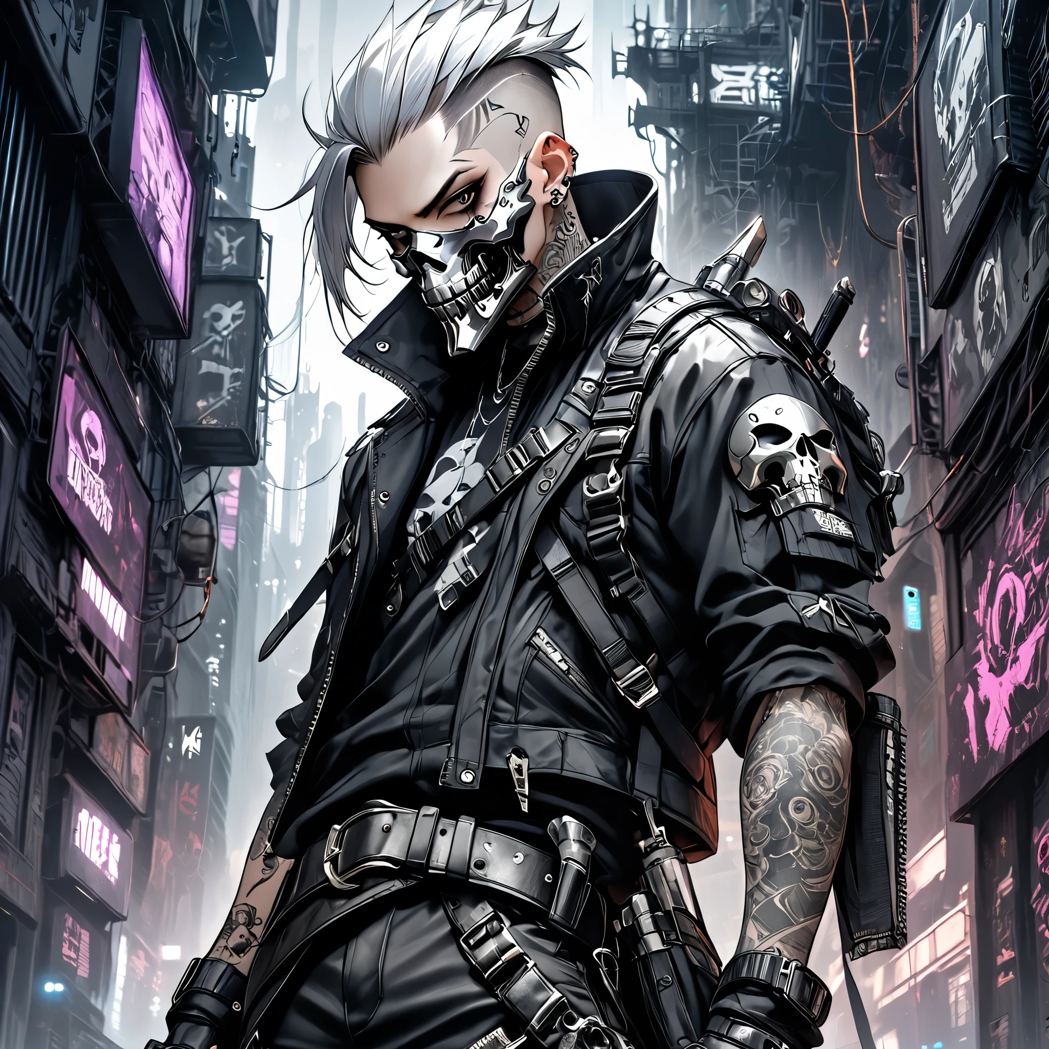 1 man with white sidecut punk hair, black sclera, silver skull mask over his mouth, wearing leather, belts, boots and gloves, holding a knife, nightcity cyberpunk backdrop, tattoos on lower arms