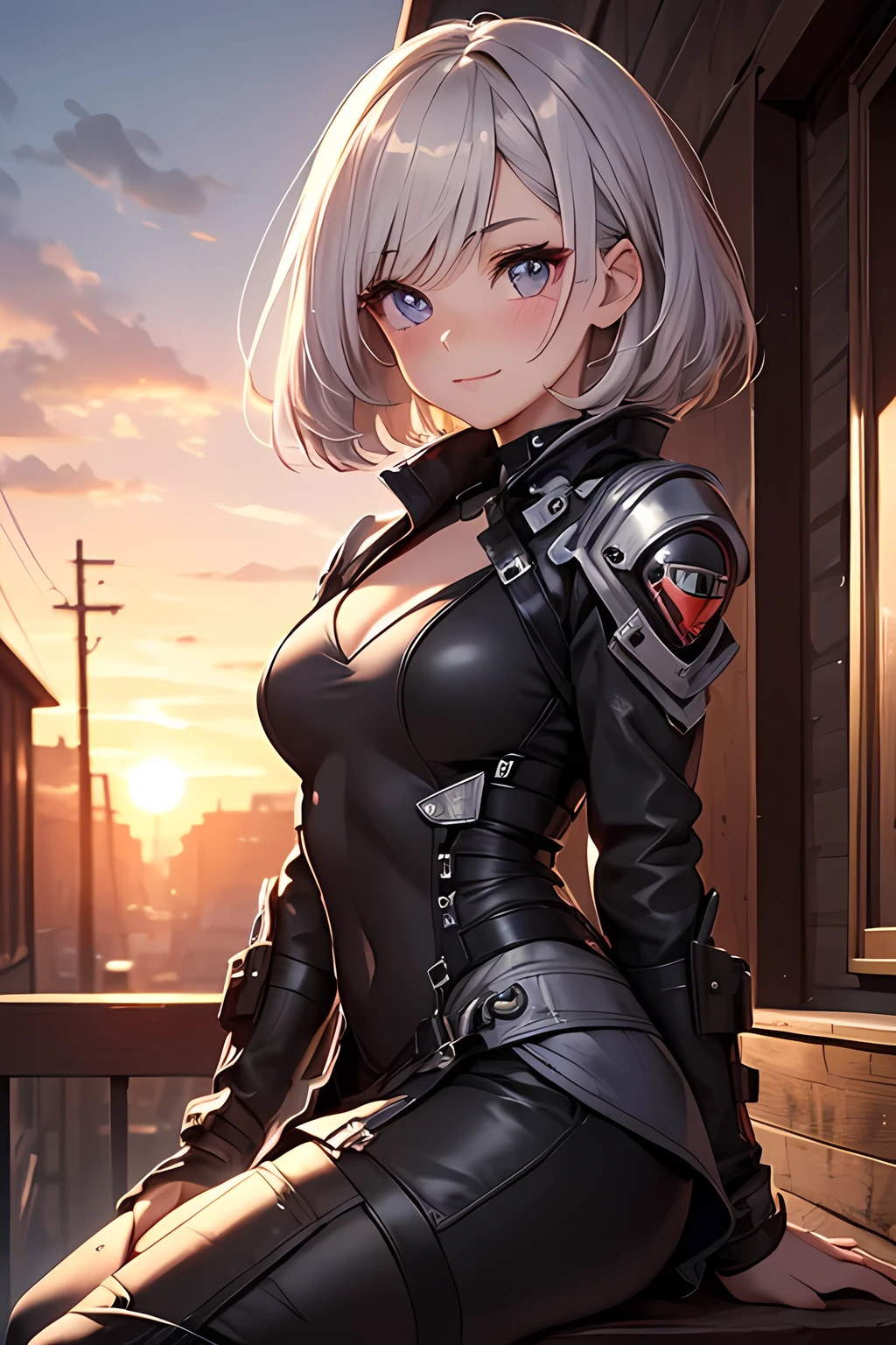 (muste piece:1.3)、(8K、photorealistic、Raw photo、best quality: 1.4)、(solo)、16 year old female of Anglo-Saxon descent、Looking at the camera from below、beautiful face、Beautiful face with perfect symmetry、cute face、wonderful smile、(Beautiful silver hairのbob cut)、Beautiful purple eyes、perfect anatomy、(high detail skin: 1.2)、large and precise breasts、Overflowing cleavage、Beautiful thighs、A woman sitting on a bench with a knife、Beautiful silver hair、bob cut、crossed bangs、asymmetrical bangs、intense violet eyes、perfect anatomy、very mysterious smile、Attractive、超High resolution、Super realistic、extremely detailed、golden ratio、Inspired by Shirow Masamune、mechanical armor girl、Wearing golden metallic armor、Decorated sword、photorealisticなアニメの女の子のレンダリング、Realistic anime 3D style、Epic battle fantasy Natalie、rogue anime girl、bad pose、A big city where you can see the sunset at 6 p.m.、red sunset clouds、vehicle carrying cargo、disorganized、High resolution、ultra sharp、8K、masterpiece、look at viewer、
