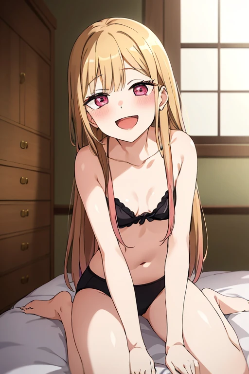 ((Best Quality)), ((masterpiece)), (be familiar with),  perfect face, indoor, bedroom,  watching viewers ,
One woman,  Kitakawa Kaiumi,
 characters with open mouth ,  ecstatic expression, blush, smile,
Small breasts,  flat chest, , ,  s, Girl,
Long Hair,  long hair ,
Leg spread,