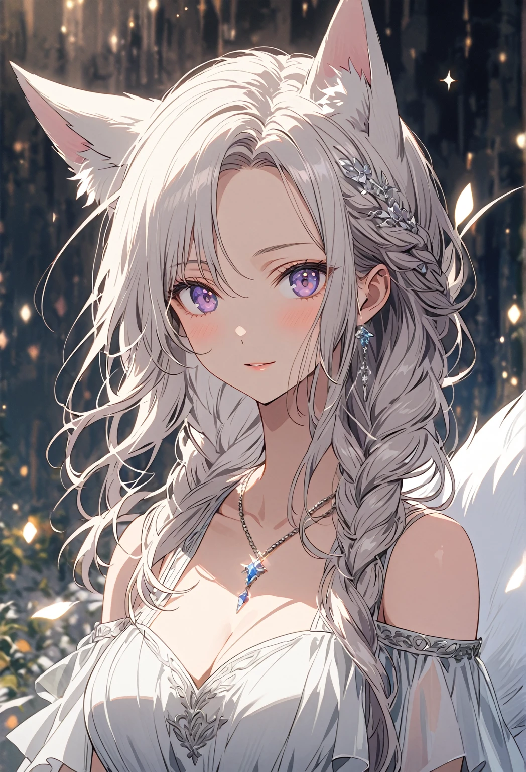 ((Portrait)) ((POV: Close)) ((Motherly expression)) (Elegant expression) ((Alone)) Create an anime-style image of Aiko, an elegant fox girl with a graceful aura. She has long, white hair styled in a braid, soft, fluffy fox ears, and light purple eyes that radiate warmth and kindness. Her expression is gentle and slightly mischievous, conveying both confidence and a caring nature. Aiko wears a flowing, white chiffon dress that is slightly sheer, with long, off-shoulder bell sleeves. The dress has a layered, asymmetrical skirt that drapes softly around her, enhancing her ethereal look. The dress is paired with a delicate, corset-style waist in silver silk with subtle floral or celestial engravings, accentuating her mature, elegant silhouette. A soft, translucent capelet in light gray gently drapes around her shoulders, trailing behind her like wisps of cloud. She wears a silver pendant with a small star, resting at her collarbone, and a slender, crystal-studded vine woven into her braid, adding a touch of sparkle to her look, emphasizing her nurturing elegance and mature aura. Highlight her graceful figure, (big breasts), and mature demeanor, reflecting a caring, protective nature alongside a hint of playful mischief. The background is a misty, ethereal garden, softened with dark, muted tones. The celestial, heavenly environment is now shadowed and dreamlike, with a dim, diffuse light casting delicate shadows around her. A depth-of-field effect keeps Aiko sharply in focus, while the rest of the scenery blurs into a haunting, moody backdrop, enhancing her soft yet striking presence. 