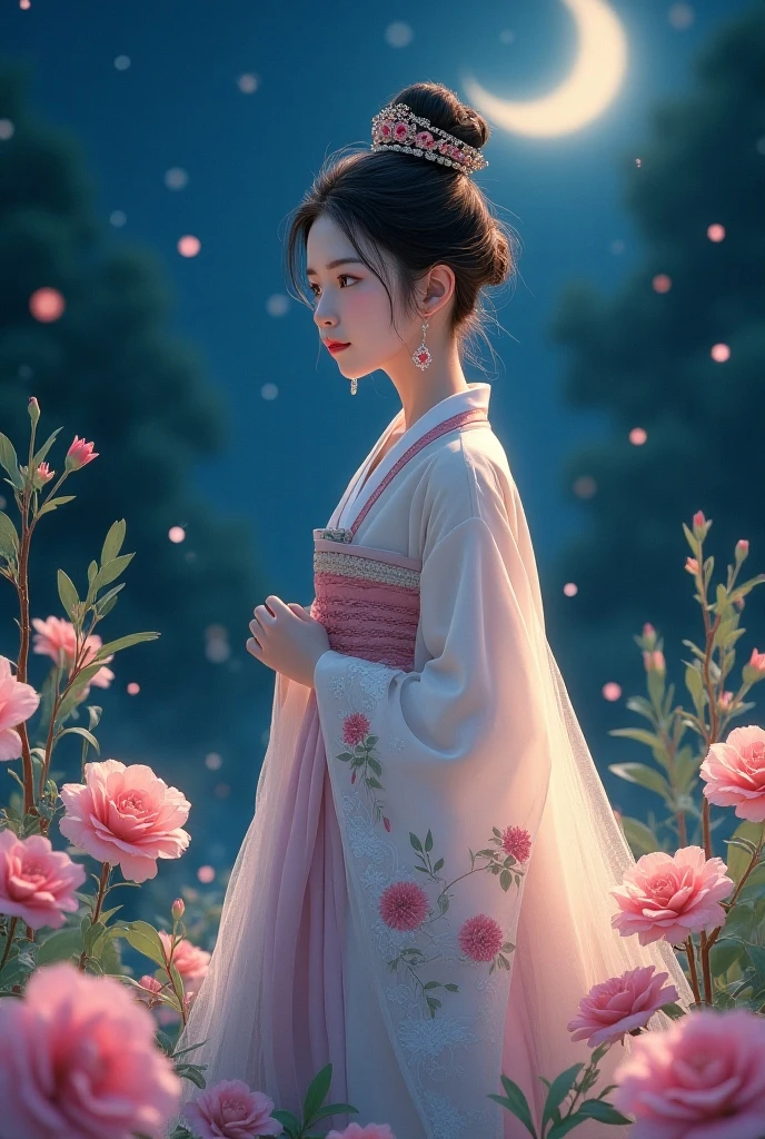 Best, tall_settle, distinct_Image of a, detailed back ground ,girl, Hanbok,florals,florals园,themoon, the night,holland angle, wide wide shot, diadems,  