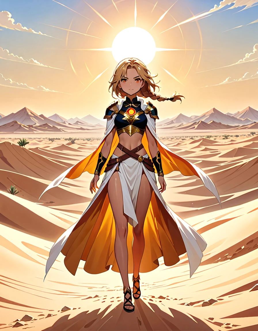 (((masterpiece, best quality, high detailed, 16k))) (1girl) A tall, sun-kissed female warrior with short, sandy blonde hair, tied back in a tight braid. Her amber eyes gleam with fierce determination, and her skin is tanned from countless battles under the desert sun. She wears an intricately decorated bronze armor, shaped like ancient desert dunes, with ornate plates protecting her arms and chest. Large, curved shoulder plates represent the scorpions of the desert, enhancing her ferocious look.

Her weapon of choice is a massive scimitar, curved and engraved with the symbols of an ancient desert tribe. The blade gleams in the sunlight, sharp enough to slice through stone. A long, flowing cloak made of rough desert fabric flutters behind her, catching the dry, hot winds.

She stands in the midst of a vast desert, surrounded by rolling dunes and the distant silhouette of an ancient ruined city. The sun blazes down on her, but she remains unwavering, her presence commanding the respect of all who cross her path.

((full body front view)), (extremely detailed:1.5)
