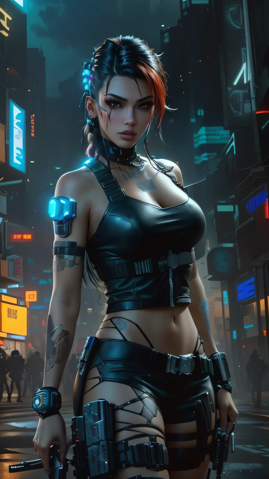 8K, Realistic Skin Texture, Realistic Photo, (((((1 slim western women, solo, large-breast:1.4 cleavage:1.3))))), AD2050 at night, (((wearing off neck tube top, miniskirt, black sunglasses, automatic rifle, sneakers, cold, standing and shooting pose))), (((((((half-body (((thigh level))) medium:1.3 shot))))))), innovative composition, revenge, aerial view of military base, blade runner worldview, large neon sign.
