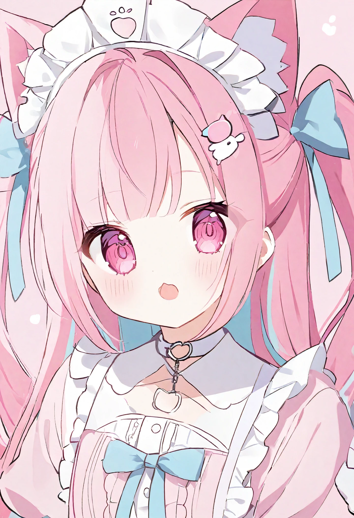  Yuki Sakuna、 Yuki Sakuna、Her hair color is pink.、  half twin tail、 Pink Eyes、 pink maid clothes  、 hair ornament with clione on light blue ribbon、Cat choker、Cat ears