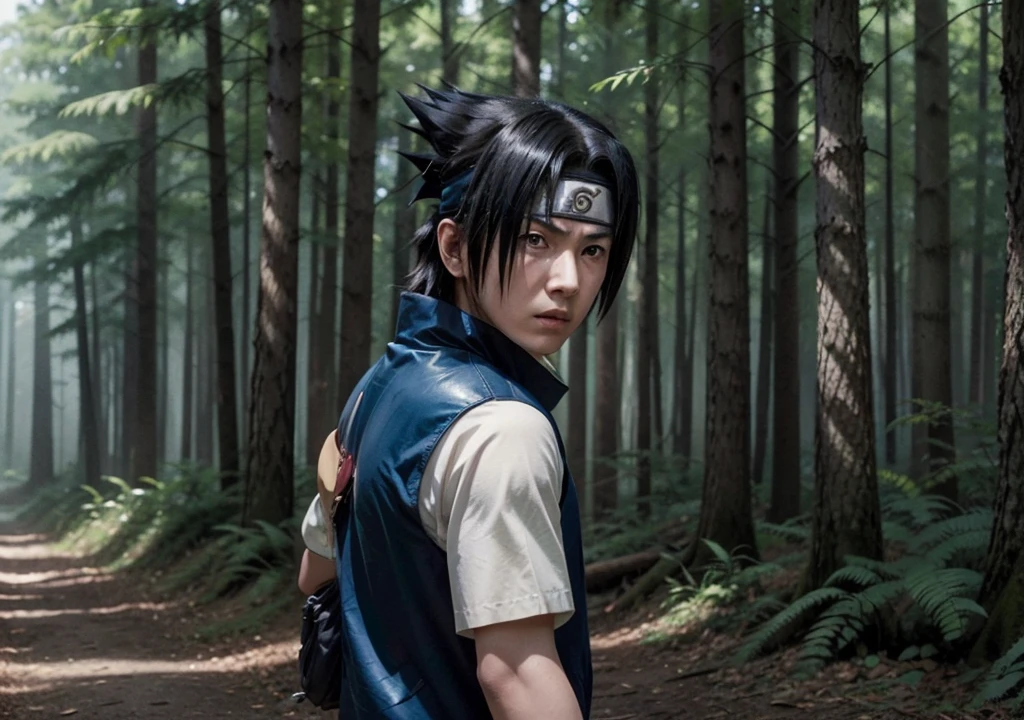 estilo realista (anime: Naruto Shippuden, rosto bem detalhado, Sasuke uchiha using shidore on his right hand, Blue rays running along the right arm, cabelo grande, estrada abandonada, dark, He's standing, de frente, capa preta e longa, chamas negras do amaterazu, poeira, Wrecked City, carros pegando fogo preto, capa voando. estilo realista.)1solo, boy.