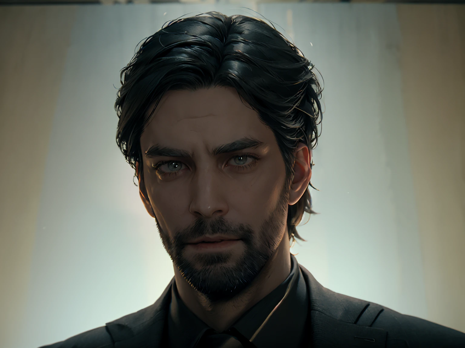 A man's face, man, (looking at viewer:1.0), ((masterpiece:1.4, best quality)), (full shot:2), Alan Wake outfit, Alan Wake, gray suit with tie, A black party hat with a sad yellow smiley face on the head