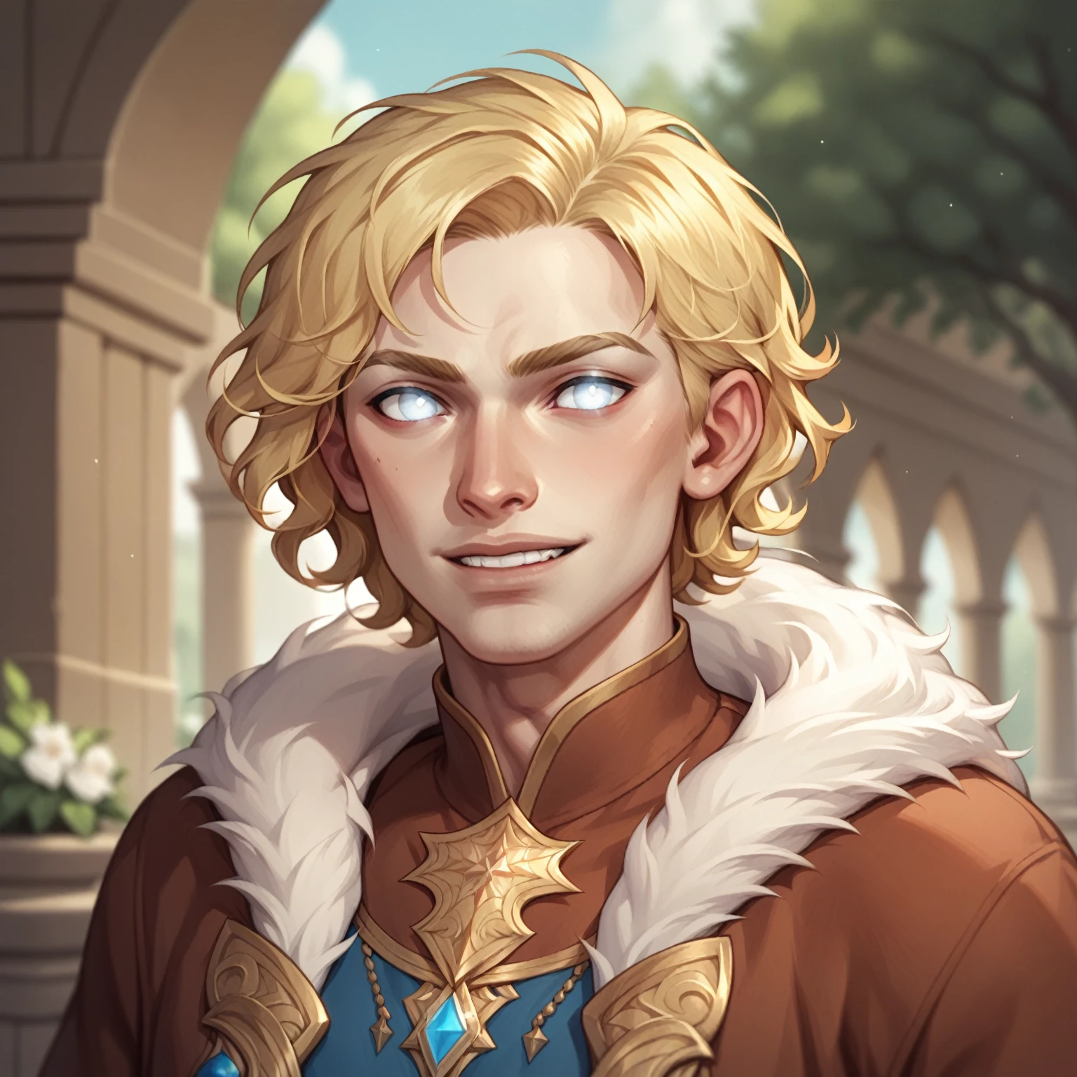 (((beautiful, high quality, comics style, detailed face))), score_9, score_8_up, score_7_up, BREAK, 1man, twink, curly hair:1.1, blonde hair, ((pale skin, shine)), glowing eyes, white eyes, fur mantel, brown fur cape, tunic ((light blue, fancy fabric)), solo, portrait, upper body, portrait, angelical look, bearing teeth, facing viewer, fantasy outside, blurred background, Expressiveh, detailxl