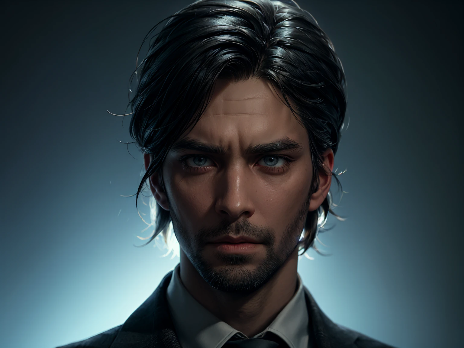 a man's detailed portrait, a man with serious expression, (looking at viewer:1.0), ((masterpiece:1.4, best quality)), Alan Wake outfit, Alan Wake character, gray suit with tie, a black party hat with a sad yellow smiley face, extremely detailed face, detailed eyes, detailed nose, detailed lips, highly detailed, photorealistic, 8k, cinematic lighting, dramatic shadows, moody atmosphere