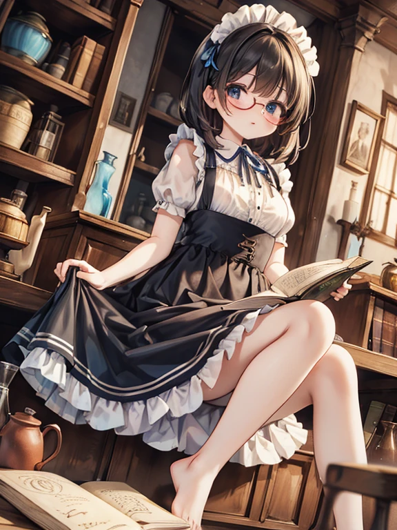  masterpiece , highest quality,  improvement, 16K,  ultra high resolution , cowboy shot, rostro detallado, Perfect fingers,  fe******,  Black eye,  black hair , Shortcuts, glasses, ( Blue apron dress :1.2, white blouse:1.2, dirndl:1.2, calzoncillos:1.2, maid style :1.2),  luxurious western-style building, library,  book rack , board, barefoot, Black tea , pastel, from below:1.5