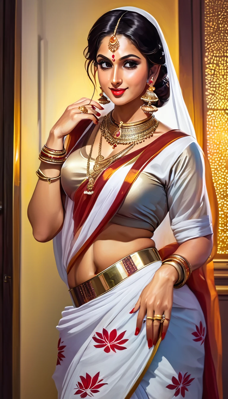 a young woman leaning down, single hair braid, detailed alluring eyes, smooth detailed lips, beautiful face, smiling, red lipstick, navel, bangles, big saggy breasts, small cleavage, beautiful floral white saree with intricate patterns, big long jhumka earrings, ) Diwali festival, background house entrance,diwali,manga tikka , jewellery, diamond necklace,gold necklace,silver chain, bangles,silver bangles,rings, wedding ring,nail polish,makeup eyeshadow ,