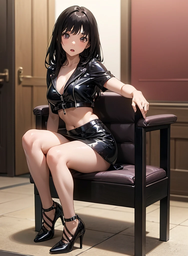  1girl,  black hair,  middle chest ,  detailed face , latex black short mini skirt,  black latex short top, shoes heels,  indoors, nightclub area, high school,  cowboy shot , the whole body part,  perfect anatomy, sexy sitting position spread her legs 