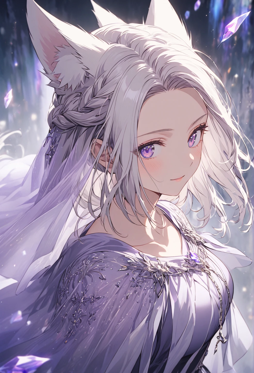 ((Portrait)) ((POV: Close)) ((Motherly expression)) (Happy expression) ((Alone)) Create an anime-style image of Aiko, an elegant fox girl with a graceful aura. She has long, white hair styled in a braid, soft, fluffy fox ears, and light purple eyes that radiate warmth and kindness. Her expression is gentle and slightly mischievous, conveying both confidence and a caring nature. She wears a soft, sheer capelet draped over her shoulders, crafted from a translucent, silver-gray fabric that catches the dim light around her. The capelet rests gracefully over her shoulders, extending just past her elbows, and drapes down her back like a veil of mist. Along the edges, intricate embroidery of floral and celestial motifs, in delicate silver and lavender threads, adds a subtle shimmer. A few tiny, crystal-like beads are interspersed among the embroidery, enhancing the capelet’s ethereal sparkle. The capelet is fastened lightly at her collarbone with a slender silver chain, held by a small star-shaped clasp, adding a delicate, celestial accent to her look.  Highlight her graceful figure, (very big breasts), and mature demeanor, reflecting a caring, protective nature alongside a hint of playful mischief. The background is a misty, ethereal garden, softened with dark, muted tones. The celestial, heavenly environment is now shadowed and dreamlike, with a dim, diffuse light casting delicate shadows around her. A depth-of-field effect keeps Aiko sharply in focus, while the rest of the scenery blurs into a haunting, moody backdrop, enhancing her soft yet striking presence. 