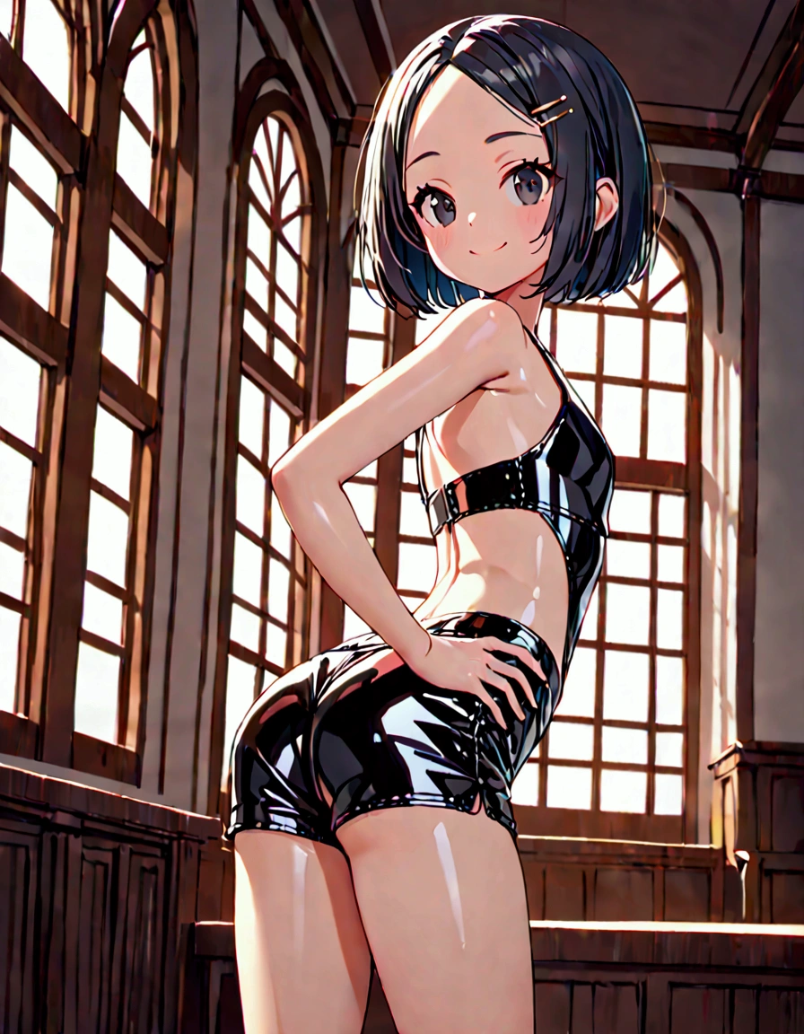 (masterpiece)(best quality)(ultra detailed)(high resolution), girl, solo, black hair short hair, bob cut, (forehead:1.2)(hairpin in center parted bangs:1.2), black eyes, slender body, medium hip, smile, shiny black leather shorts, upper body above knees, from side, pose of looking back, indoors,