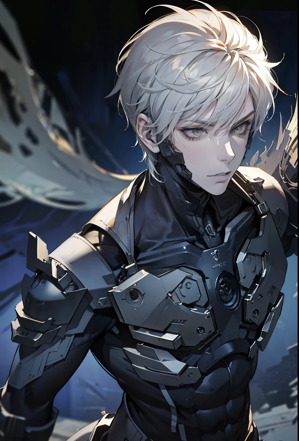 absurdres, highres, ultra detailed, HDR, masterpiece, extremely detailed face and eyes, extremely detailed features, Raiden, Metal gear rising,  white spiky hair, yellow eyes, metal gear rising, final fantasy, solo, sexy man, handsome, cybernetic black armor with sword, combat pose, badass, oppressive dark atmosphere, darkness, magical scene.