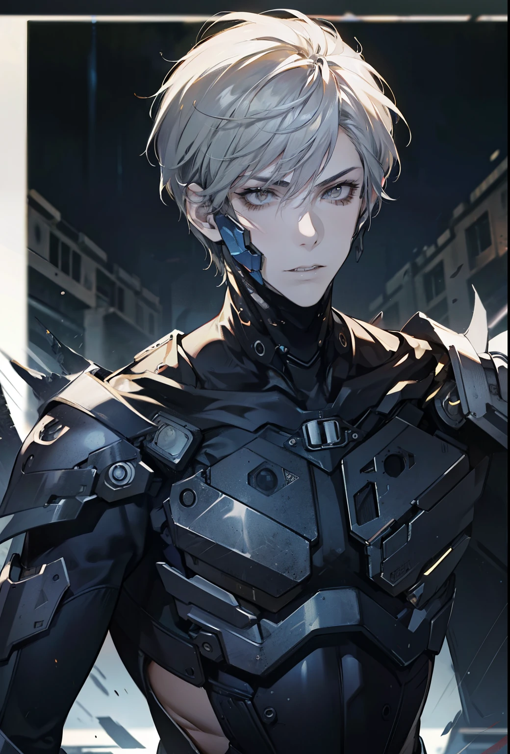 absurdres, highres, ultra detailed, HDR, masterpiece, extremely detailed face and eyes, extremely detailed features, Raiden, Metal gear rising,  white spiky hair, yellow eyes, metal gear rising, final fantasy, solo, sexy man, handsome, cybernetic black armor with sword, combat pose, badass, oppressive dark atmosphere, darkness, magical scene.