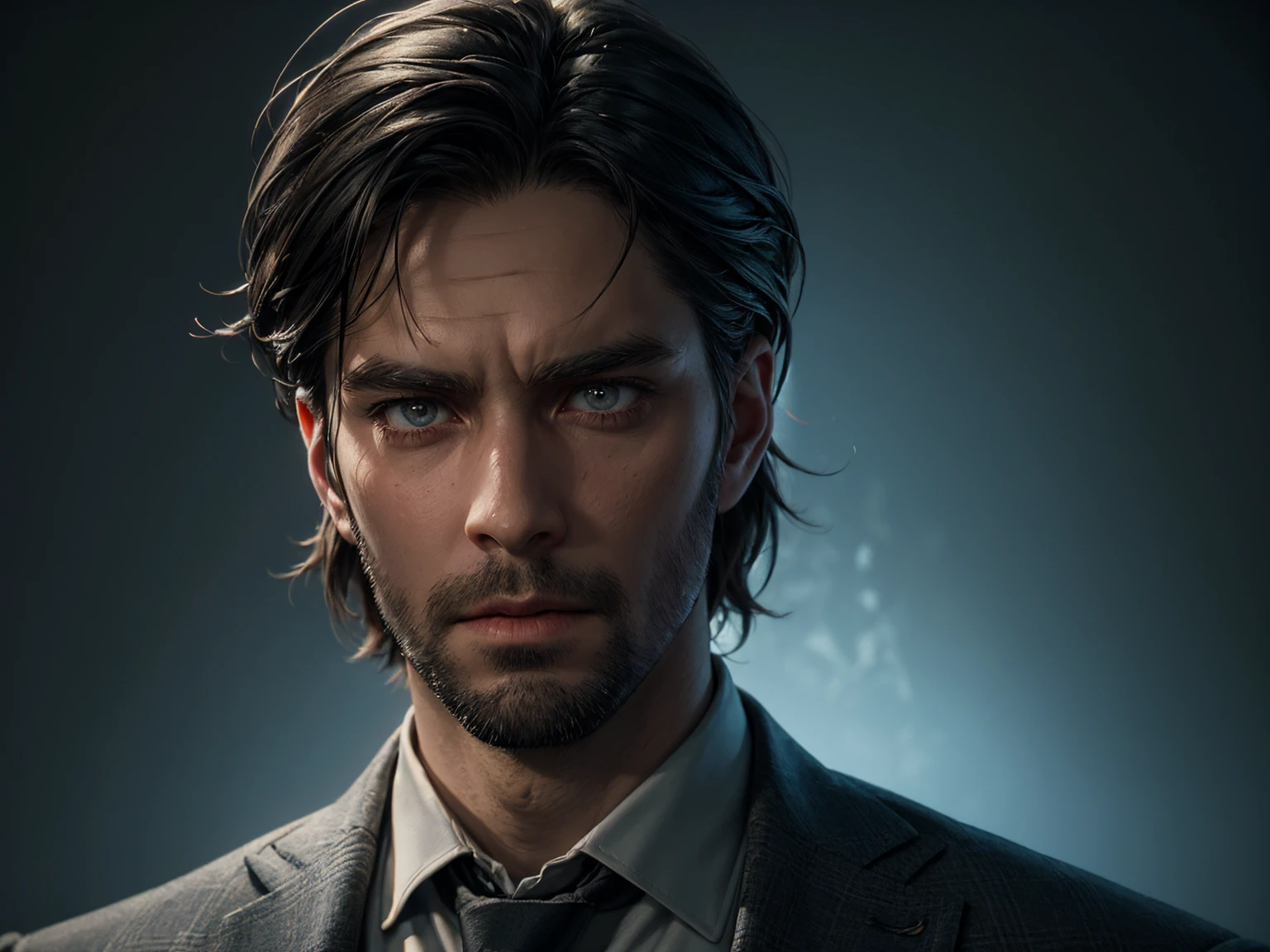 a man's detailed portrait, a man with serious expression, (looking at viewer:1.0), ((masterpiece:1.4, best quality)), Alan Wake outfit, Alan Wake character, gray suit with tie, a black party hat with a sad yellow smiley face, extremely detailed face, detailed eyes, detailed nose, detailed lips, highly detailed, photorealistic, 8k, cinematic lighting, dramatic shadows, moody atmosphere