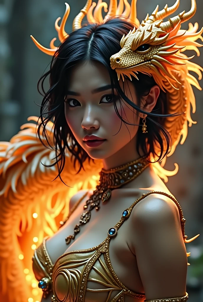 (masterpiece:1.2), ultra detailed, ultra high res, (realistic, photo realistic:1.37), high detail RAW color photo, professional photograph, an extremely delicate and beautiful, extremely detailed, finely detail, huge file size, extremely detailed beautiful girl, extremely detailed face, extremely detailed eyes, extremely detailed skin, extremely detailed nose, extremely detailed mouth, perfect anatomy, highly detailed background, shiny skin, (Japanese famous actress:1.2), (gyaru:1.25), flat chest, (Belly dancer with less cloth:1.3), (flat chest:1.3), Dynamic Pose, dynamic lighting, nsfw, lens flare, (long, dragon:1.2),