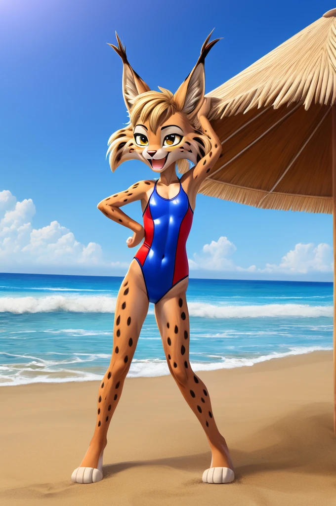 Lynx is a slim skinny cartoon girl in a tight lycra swimsuit on the beach with a happy face,  big feet,  full-length striped fluffy tail 