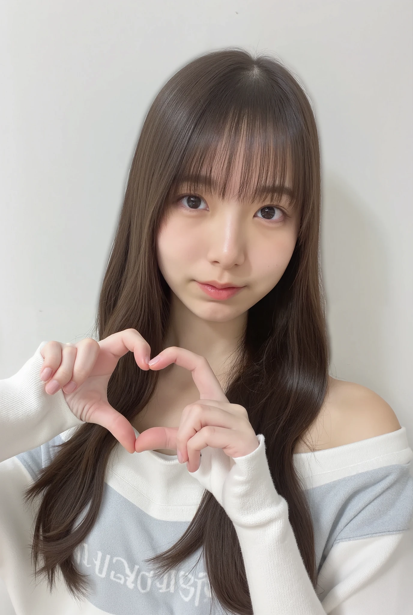 Only one woman with a cute smile wears cute, fluffy off-shoulder pajamas, makes a big heart shape with both hands, and poses them in front of her chest, View above collarbone、The background is a monotone 

