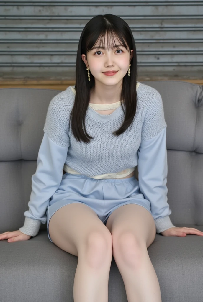 Full body shot from the front、Wearing off-the-shoulder mini one-piece pajamas, I'm sitting while looking at me while taking a pose with my knees bent and legs spread, Slender bare legs 、smile、The background is a monotone 

