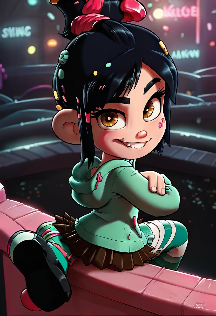 va_pe, 1girl, , black hair, brown eyes
green hoodie, brown skirt, green tights, looking at viewer, looking back rche, showing her butt, Cute Smile, alter-ego dancing erotically on the building's roof, covered with black paint.