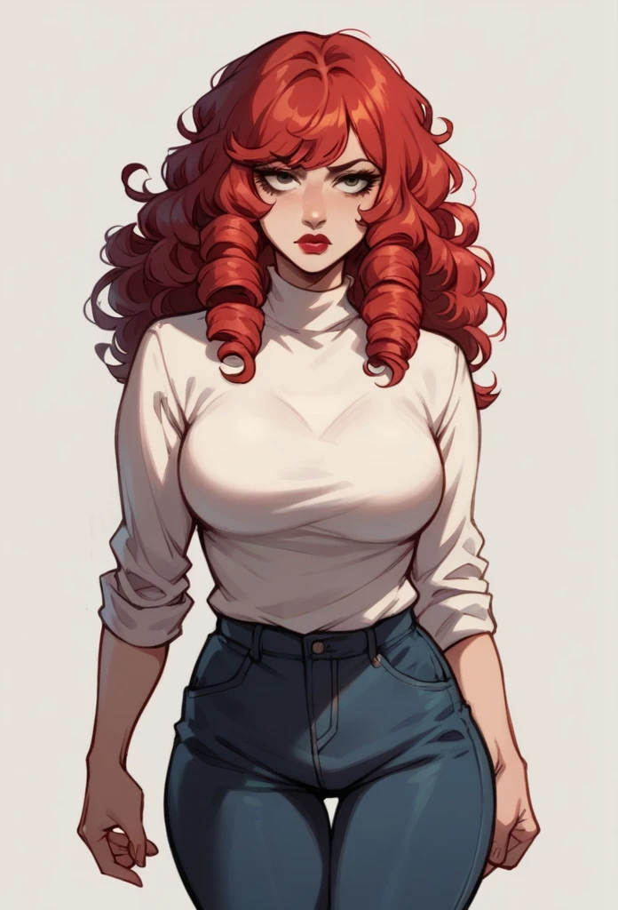chubby black woman, redhair, messy hair, white shirt, fur coat, red lipstick