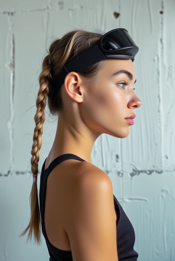 skinnytina, The image is a high-quality photograph featuring a young woman with a striking, futuristic look. She stands in profile against a rough, concrete wall with a minimalist, industrial backdrop. Her skin tone is light, and her hair is styled in two long, thick braids, each adorned with intricate, white-blonde extensions. The braids are tied together at the top, and she wears black, futuristic goggles perched on her forehead, adding an edgy, sci-fi vibe to her look.



