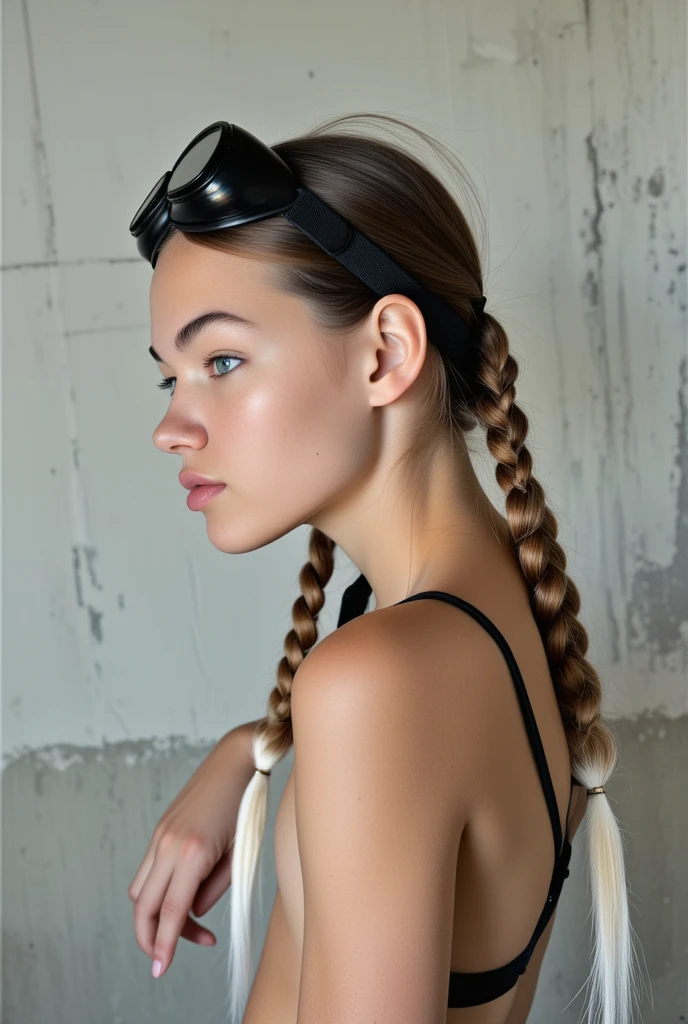 skinnytina, The image is a high-quality photograph featuring a young woman with a striking, futuristic look. She stands in profile against a rough, concrete wall with a minimalist, industrial backdrop. Her skin tone is light, and her hair is styled in two long, thick braids, each adorned with intricate, white-blonde extensions. The braids are tied together at the top, and she wears black, futuristic goggles perched on her forehead, adding an edgy, sci-fi vibe to her look.



