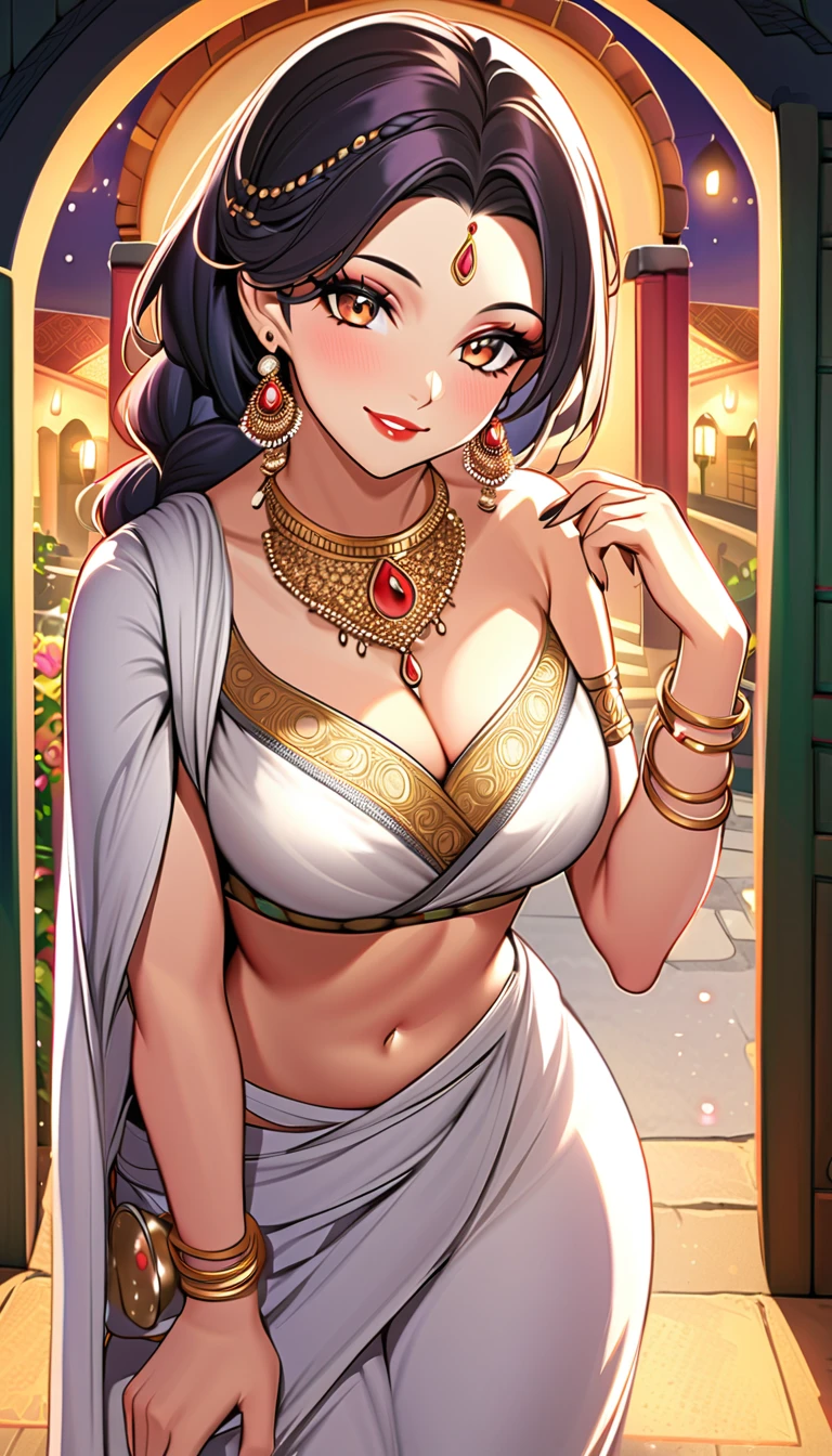 a young woman leaning down, single hair braid, detailed alluring eyes, smooth detailed lips, beautiful face, smiling, red lipstick, navel, bangles, medium saggy breasts, small cleavage, beautiful floral white saree with intricate patterns, big long jhumka earrings, ) Diwali festival, background house entrance,diwali,manga tikka , jewellery, diamond necklace,gold necklace,silver chain, bangles,silver bangles,rings, wedding ring,nail polish,makeup eyeshadow ,