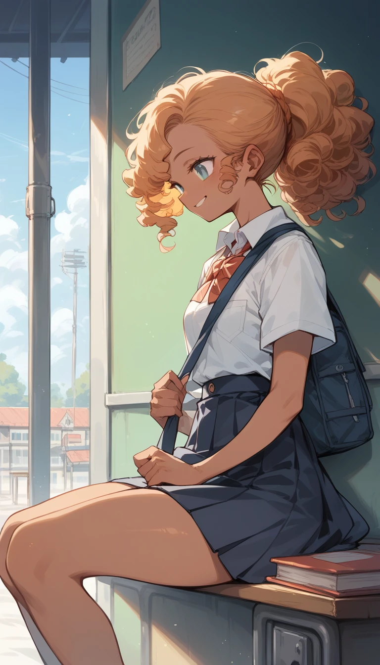 A girl of normal height,    tanned girl dressed as a student,   Using a ponytail ,   smiling,  orange curly hair  ,  big and large butt , Sitting in the school corridor  .