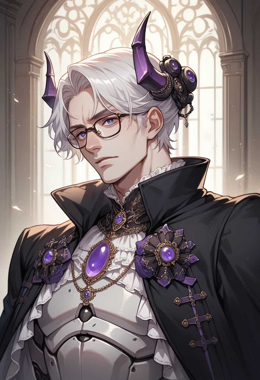 ,1 man,robot,white hair,horns,headgear,naked,black coat,victorian,clothes,glasses,pale skin,full armor,ornament,purple trims