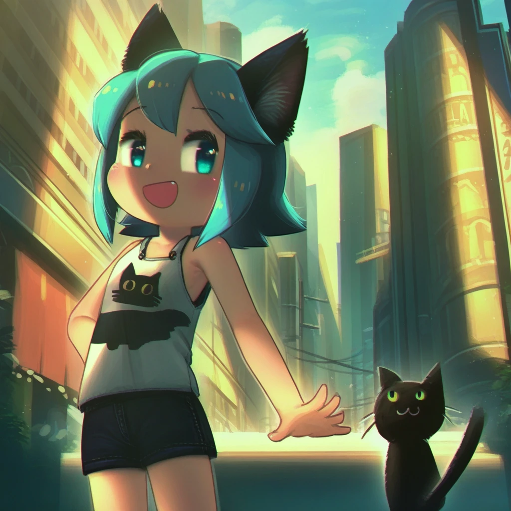 1girl, (porforever:0.7), (apollo /(hu maple/):0.7), (xiaodi:0.7), cat ears, shirt, shorts, city background, smile