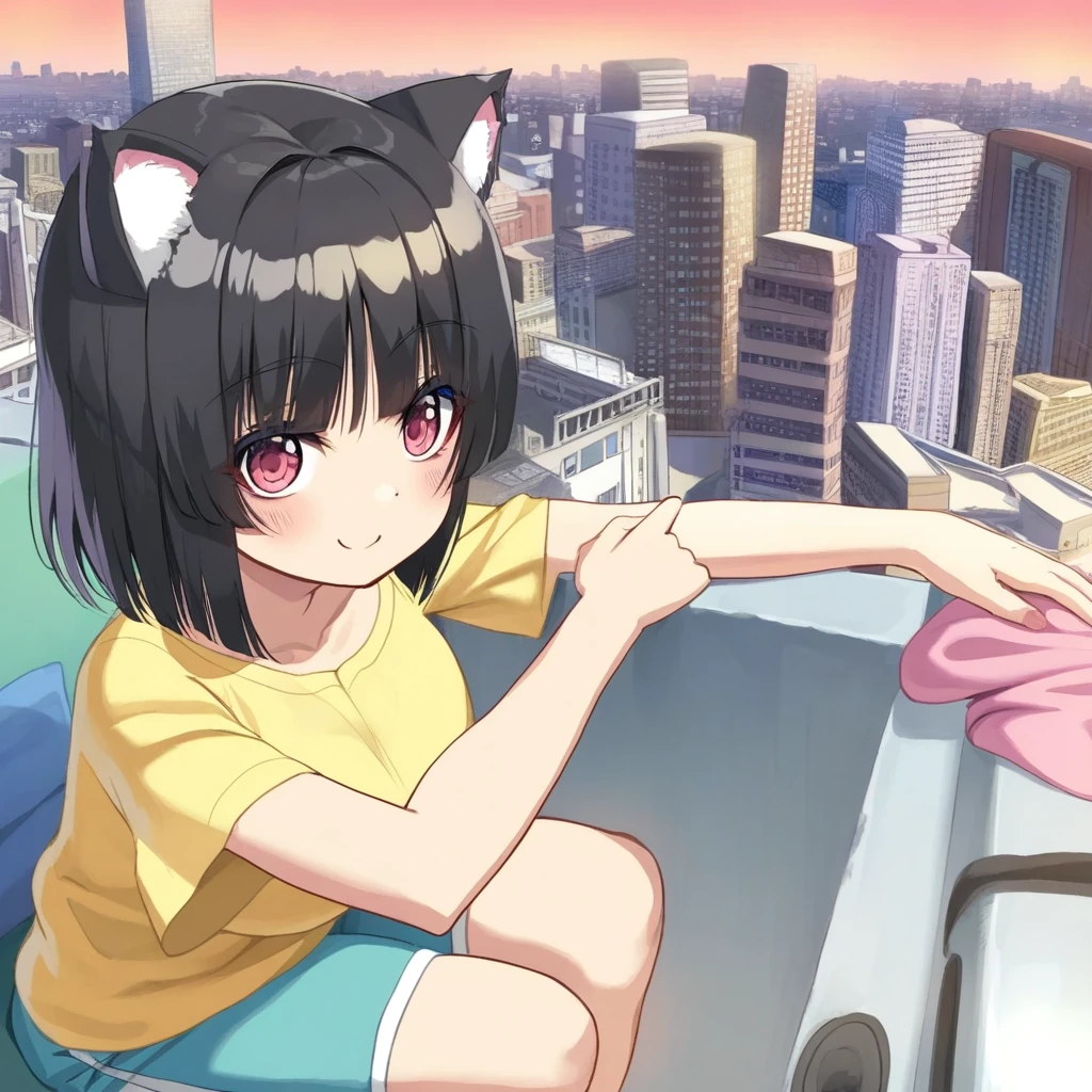 1girl, best quality, (shuz_/(dodidu/):0.7), (hokkyoku_hotaru:0.7), (superpig:0.7), (hataraki_ari:0.7), cat ears, shirt, shorts, city background, smile