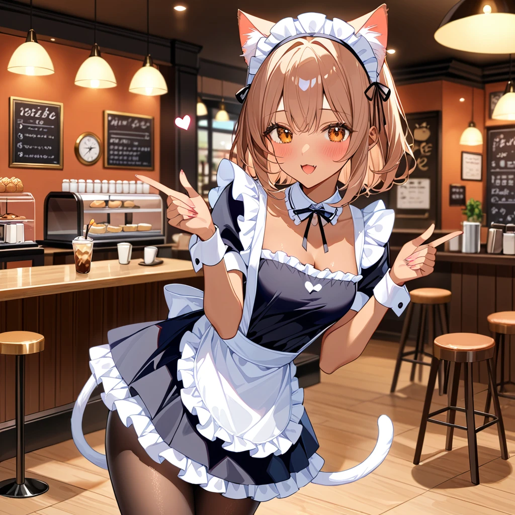 Digital artwork of a cute older sister wearing tanned skin and a maid costume with cat ears, cat ears, headdress, maid costume, apron, frill, collar, pantyhose, finger heart, hands up, heart sign, cafe, blush, （masterpiece：1.2）、（Best Quality：1.2）、（ very aesthetic ：1.2）、（ absurd：1.2）、（ detailed background）、up to date、Safety、complicated、 very detailed skin、