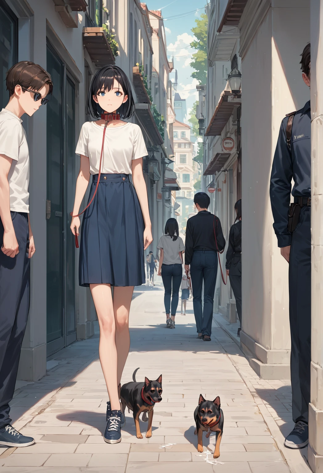 score_9, score_8_up, score_7_up,source_anime, high res image,masterpiece,best quality,girl,cute face,clear skin,simple_background,  anal, , cum inside,  slave collar, leash, body on the floor, walking like a dog, in the street, people watching, black hair, blue