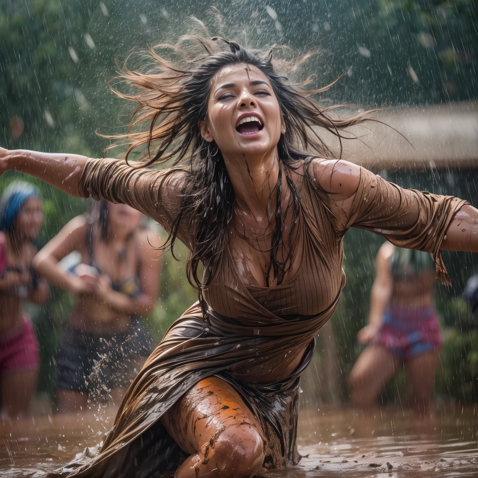 ((best quality)), ((masterpiece)), (detailed), women performing rain dance, desert, muddy ground, stormy skies, heavy downpour, falling rain, rain drops, celebration dance, wet clothes, wet bodies, wet hair, dramatic lighting, winds, rain, mud, splash mud drops