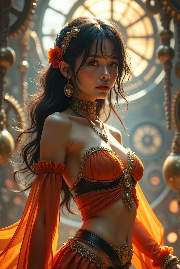 photo realistic a  in  steampunk style,stunning goddess beauty, kaleidoscopic time to time, intricate detailed, dramatic lighting