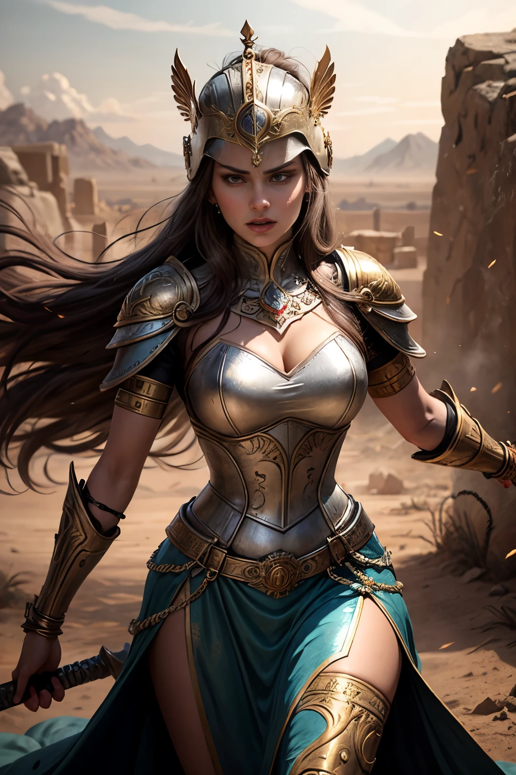 photorealistic of woman warrior in gladiator ancient patterns clear transparent amor suit, The setting should be grand and richly decorated ,medium long shot , cinematic light , blur effect ,fantastic ,dim light atmosphere ,elegance pose, battlefield background ,photorealistic, ultra sharp,8k,HDR