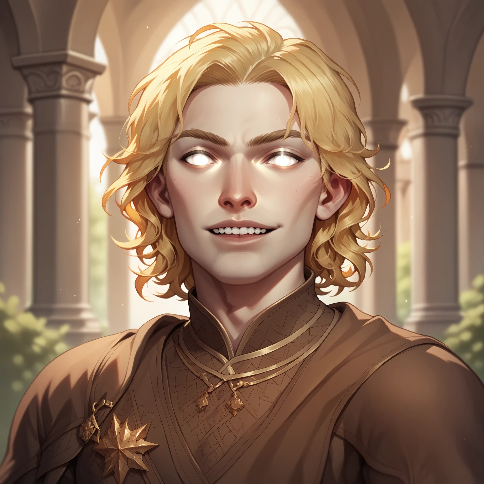 (((beautiful, high quality, comics style, detailed face))), score_9, score_8_up, score_7_up, BREAK, aasimar_protector, 1man, twink, curly hair:1.1, blonde hair, ((pale skin, shine)), glowing eyes, white eyes, fur mantel, brown fur cape, tunic ((light blue, fancy fabric)), solo, portrait, upper body, portrait, angelical look, bearing teeth, facing viewer, fantasy outside, medieval road, blurred background, Expressiveh, detailxl