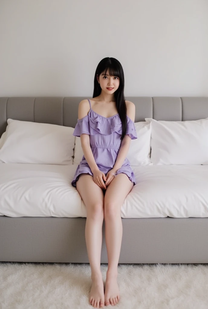 Full body shot from the front、Wearing off-the-shoulder mini one-piece pajamas, I'm sitting while looking at me while taking a pose with my knees bent and legs spread, Slender bare legs 、smile、The background is a monotone 

