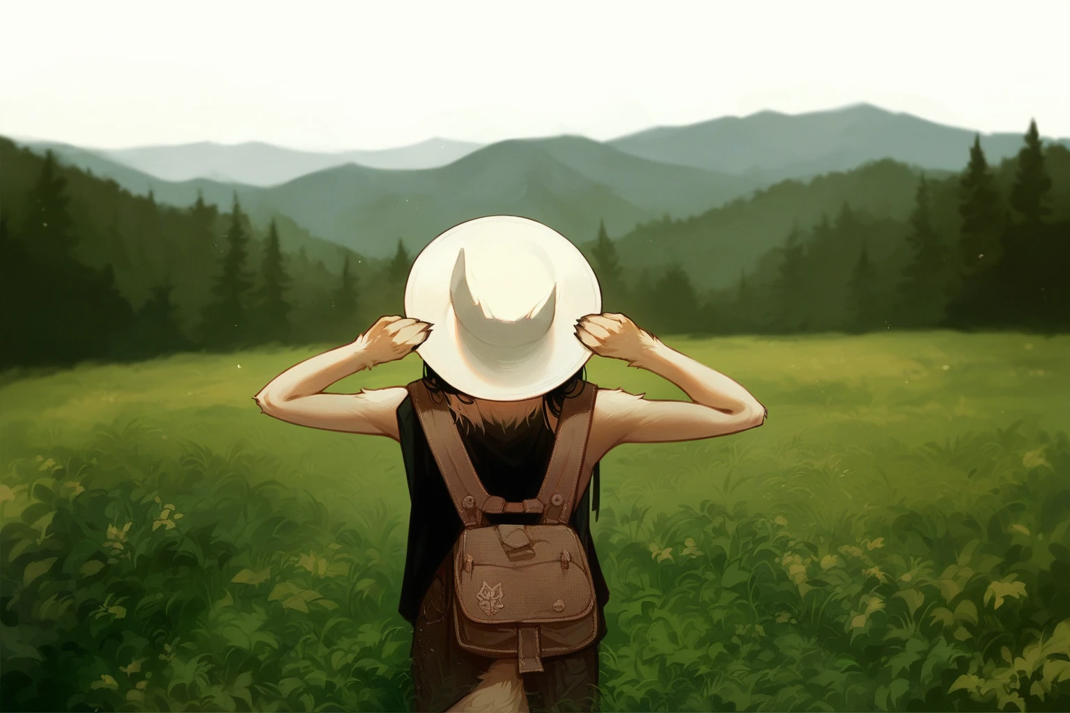  foreground, furry art, Women, fox face, fox tail, white body,  black hair , Alone, wearing a leather backpack , white hat,  with your back looking at the horizon, in a forest.