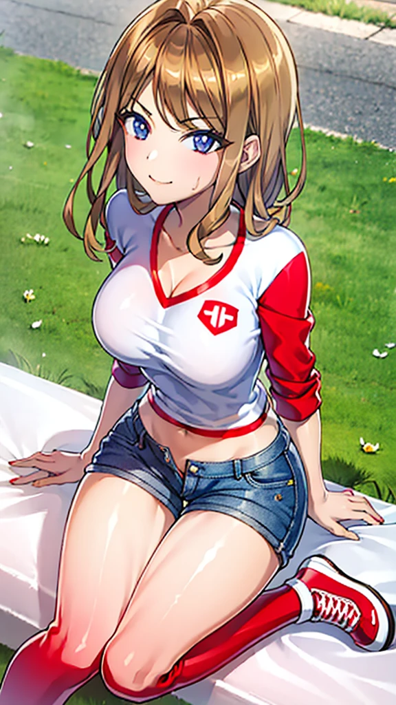 Clothing: Denim shorts and a white T-shirt. Red sneakers with thick laces. Location: On the grass in the park, in the shade. Posing: Legs slightly bent, hands slightly lifting the front of the T-shirt, smiling, slightly embarrassed.(Image:3k Pixels.Draw with beautiful lines. solo person).(1 right arm).(1 left arm).(1 right leg).(1 left leg).((Perfectly balanced 5 fingertips)).