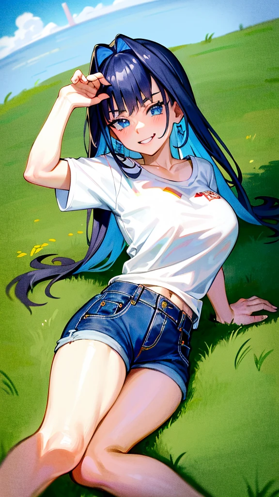 Clothing: Denim shorts and a white T-shirt. Red sneakers with thick laces. Location: On the grass in the park, in the shade. Posing: Legs slightly bent, hands slightly lifting the front of the T-shirt, smiling, slightly embarrassed.(Image:3k Pixels.Draw with beautiful lines. solo person).(1 right arm).(1 left arm).(1 right leg).(1 left leg).((Perfectly balanced 5 fingertips)).