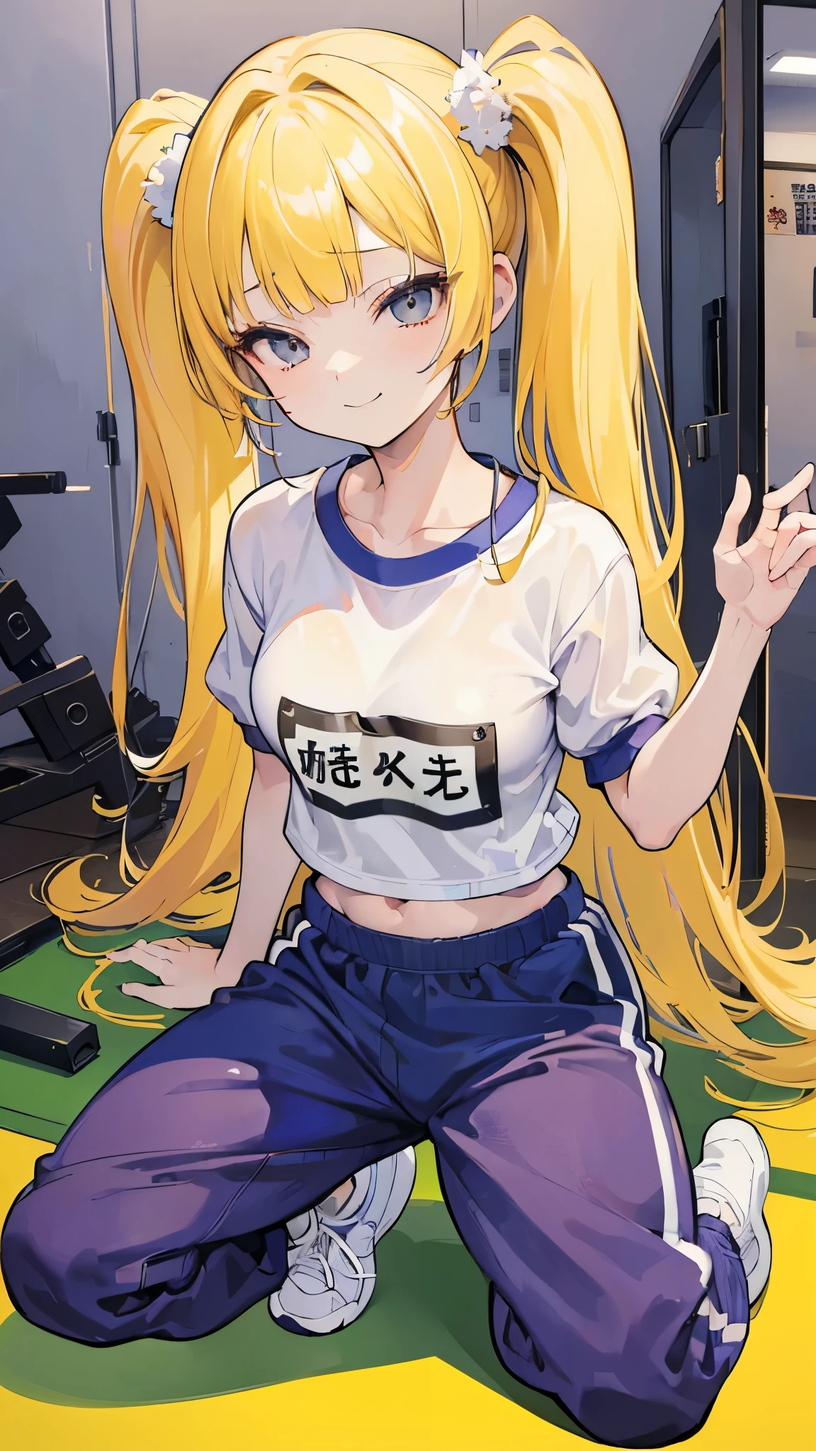 Marisa Drizzle、Gym、Yellow tank top、white shorts、Sweat、High precision、highest quality、high resolution、beautiful、cute、long blonde hair、yellow eyes、ponytail、small breasts、Sweatが滴る、smile showing teeth、training、Moving、Uplifting、white ribbon、have one stick、exercise workout、発Sweat、Hold the barbell in front of your body、Grasp the stick with both hands、one person