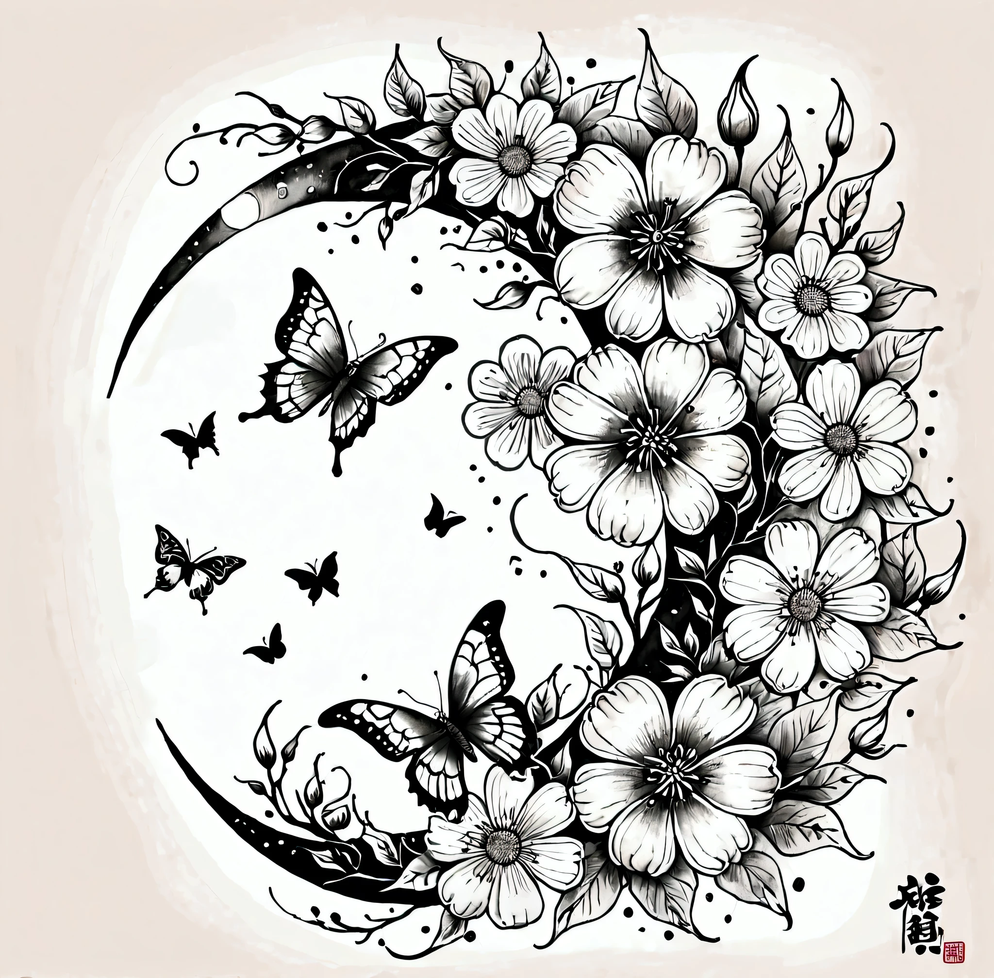  为灵感的Ink Painting， a crescent moon with flowers and butterflies on it, Ink Painting, Tattoo design sketch, 详细的Ink Painting,  Natural Illustration Tattoos ,  Pen and ink style ,  conceptual tattoo design , 钢笔和墨水插图, Line art illustration, Ink Painting, Hand drawn illustrations, 钢笔和墨水插图, 钢笔和墨水插图, ink art,   detailed ink illustration  