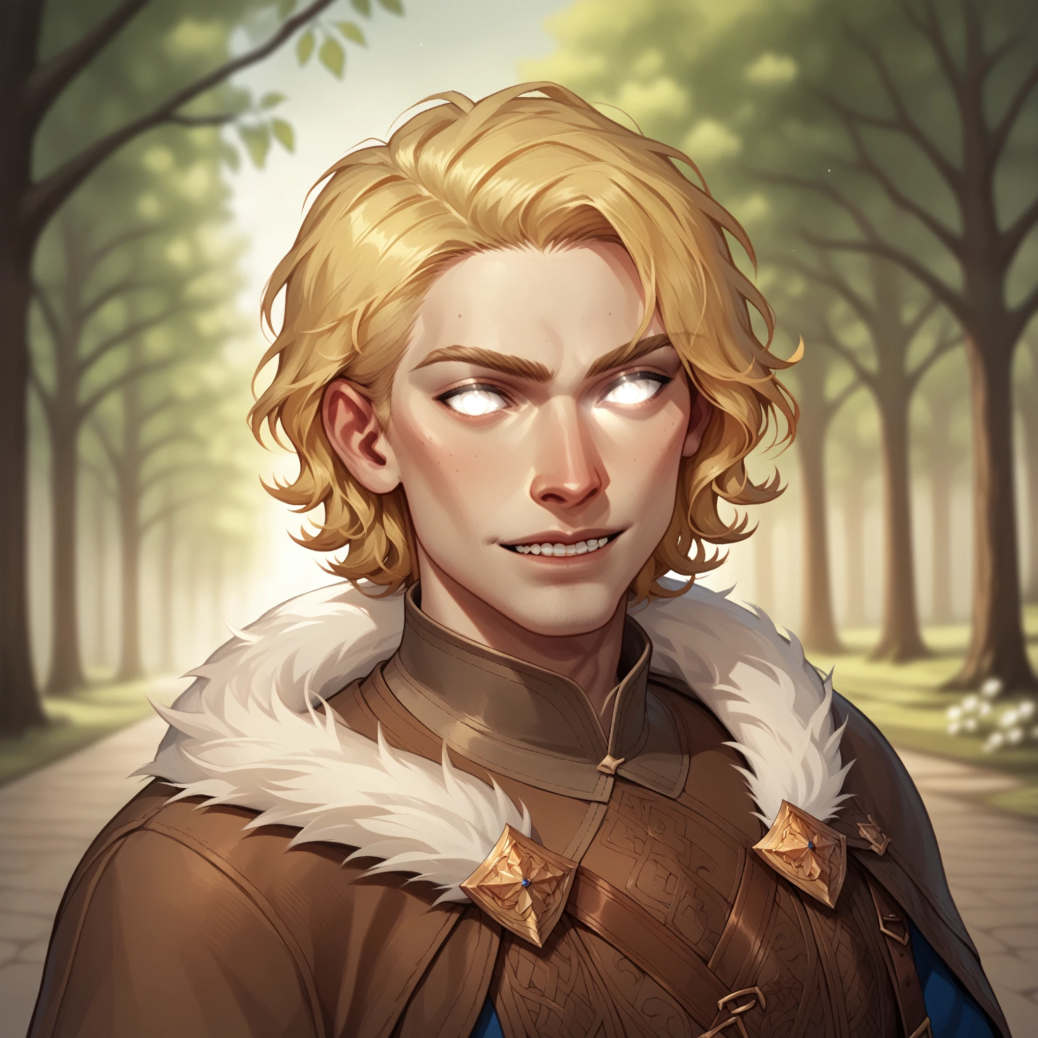 (((beautiful, high quality, comics style, detailed face))), score_9, score_8_up, score_7_up, BREAK, aasimar_protector, 1man, twink, curly hair:1.1, blonde hair, ((pale skin, shine)), glowing eyes, white eyes, fur mantel, brown fur cape, tunic ((light blue, fancy fabric)), solo, portrait, upper body, portrait, angelical look, bearing teeth, facing viewer, fantasy outside, medieval road, blurred background, Expressiveh, detailxl