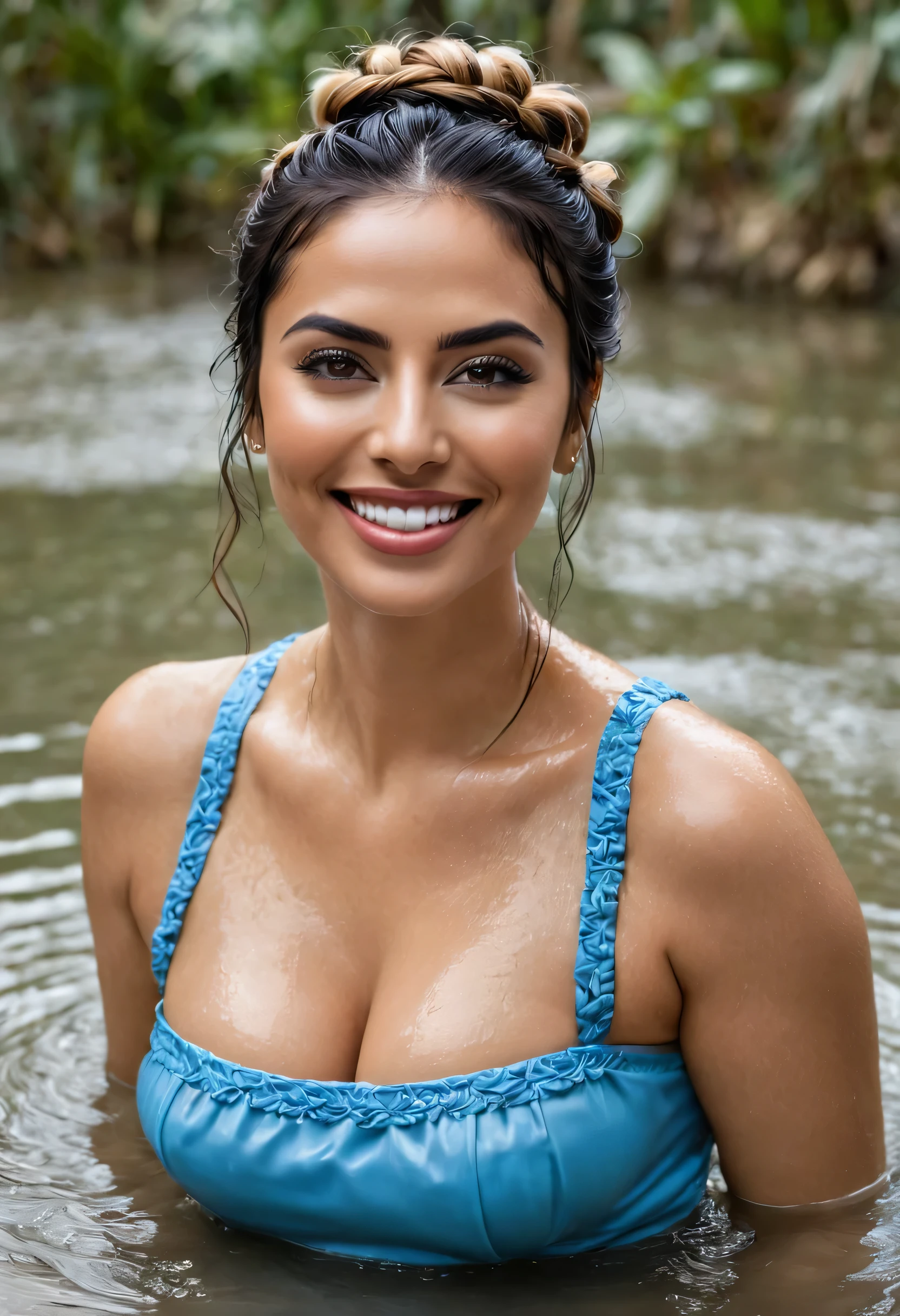 young woman, 27 years old,. She's lying in a hot hot spring .. It's raining. She's standing in the water up to her waist .. She smiles with pleasure , savoring the hot water that flows through her long, wet, rubio, Braided Hair , her clothes and her body . , suave, , big eyes, completely open lips , pink summer dress , a belt intensifies her waist . Especially wearing a blue , long coat , Unbuttoned shelter . (rubio, Very long hair, two braids ) (dripping wet hair), clothes dripping wet,wet, transparent, (), stiff breasts , ((nipples)), braless, Lean body